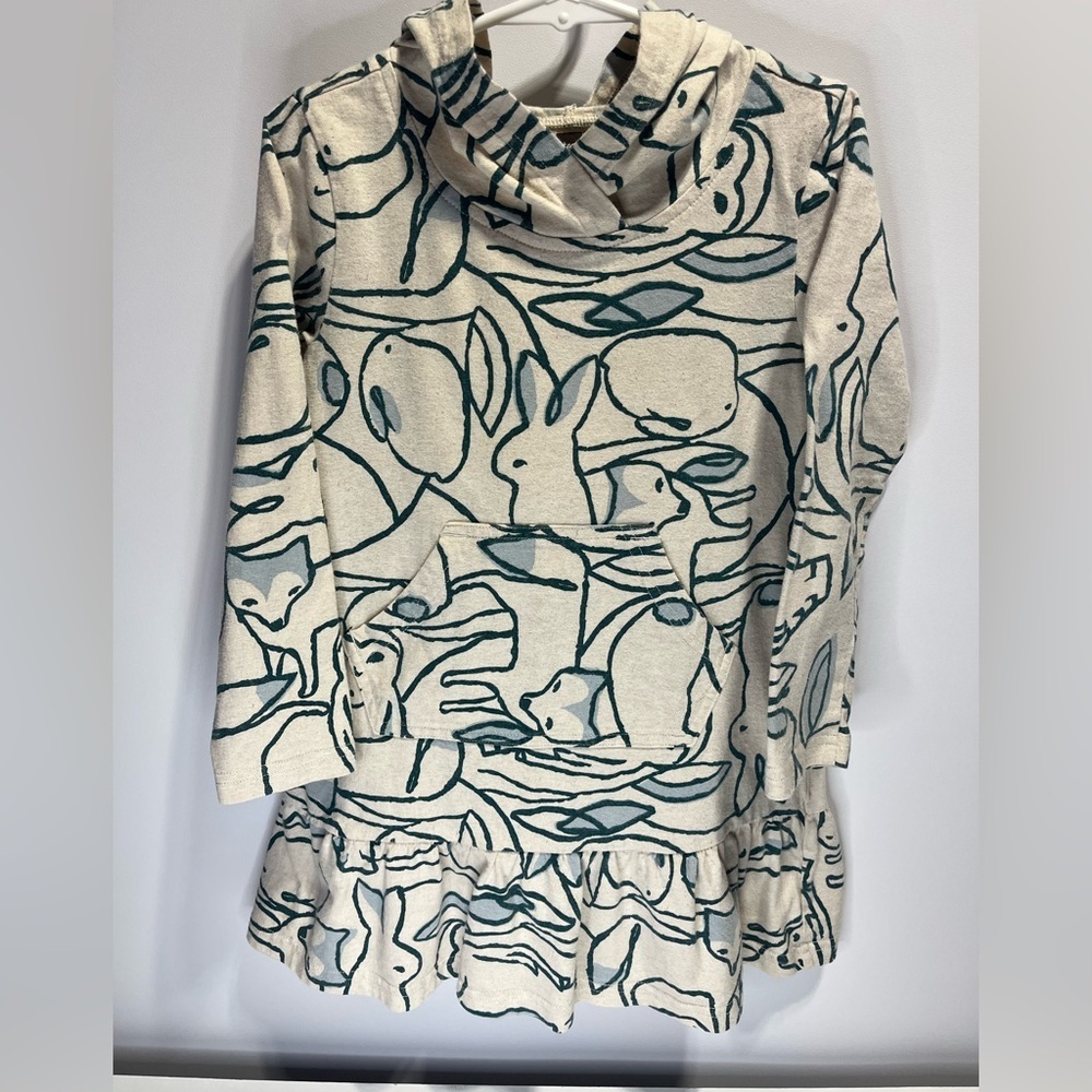 Tea Bunny 🐰 Owl 🦉 Fox Nature Patterned Cream and Teal Long Sleeve Cotton Hoodie